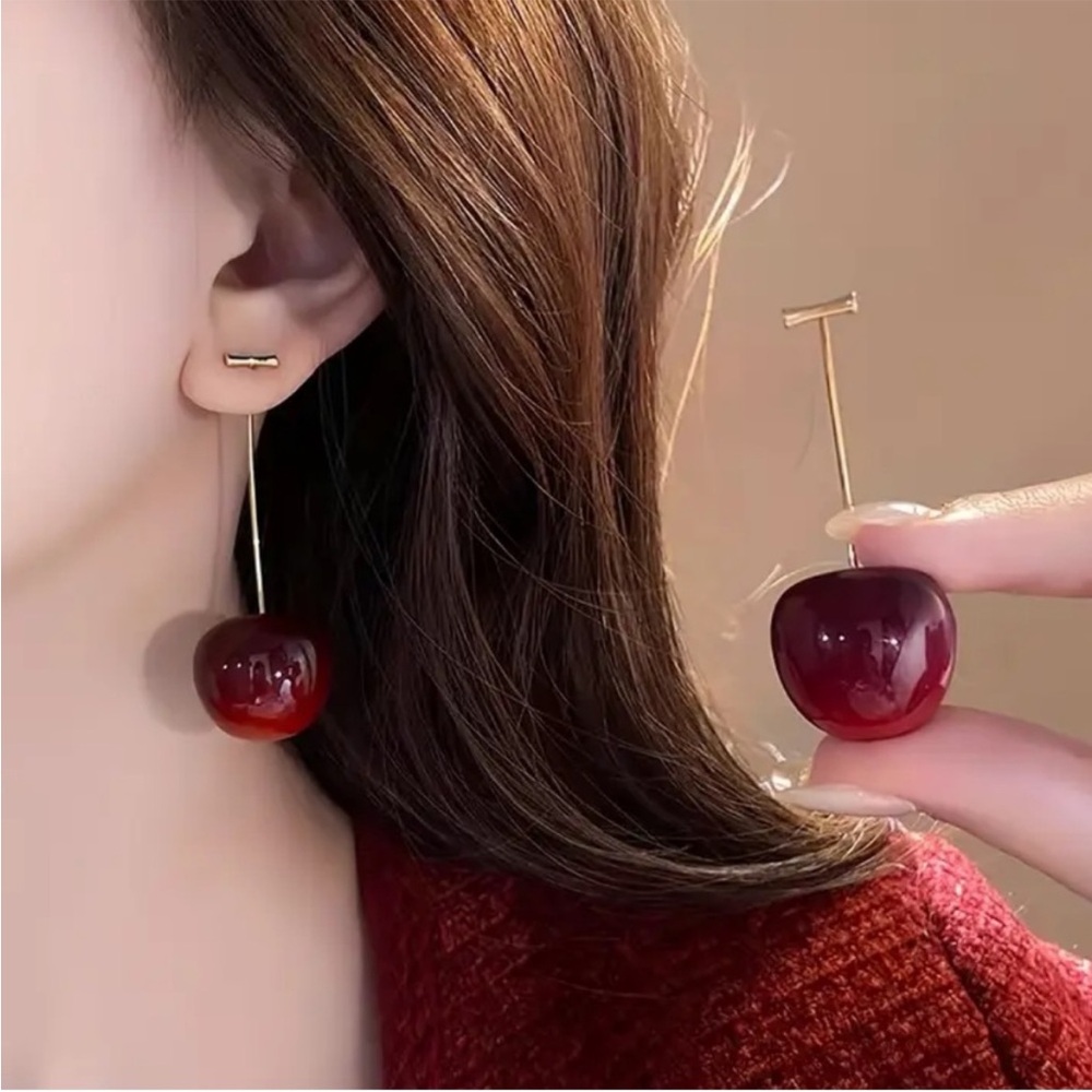 Gold Cherry Drop Earrings - Red Cherry Earrings
